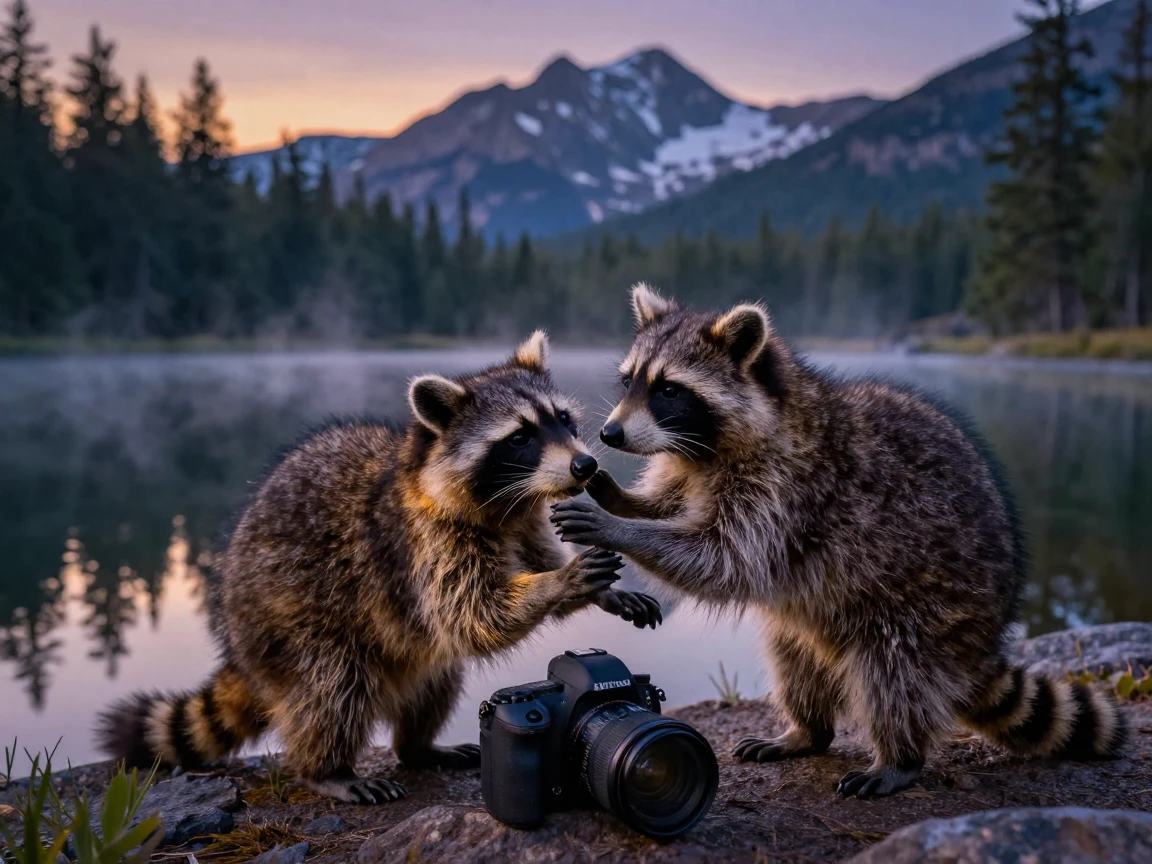 A family of raccoons grooming one another with great care beside a tranquil alpine lake as the day slowly fades