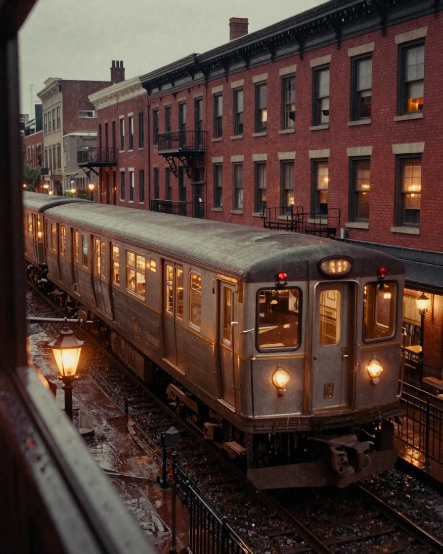 An elevated train rumbling past rows of brick buildings, under flickering candlelight, in still, windless air, in the height of summer, with rich burgundy and gold accents, through a rain-streaked window.