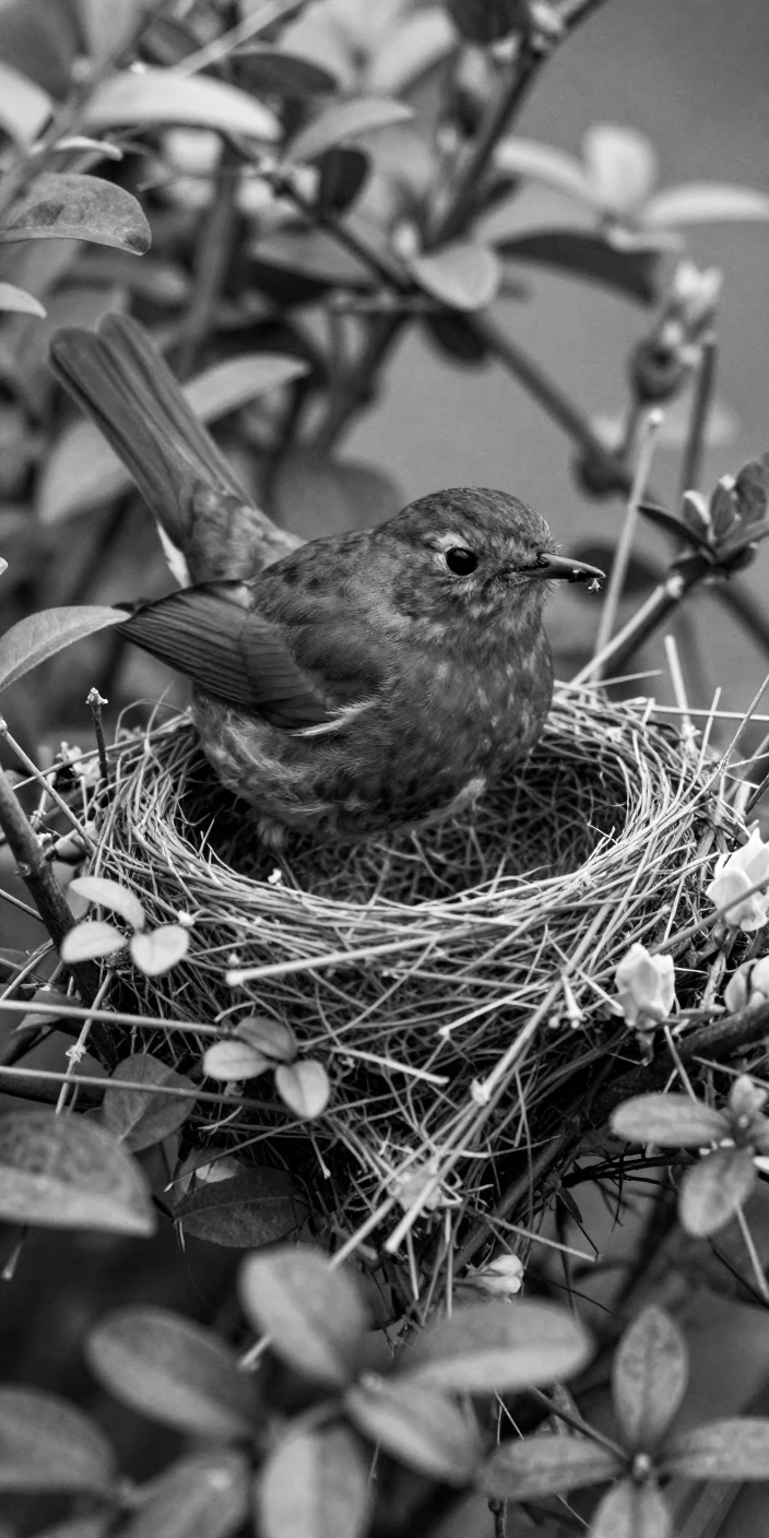 A robin builds a nest from twigs and leaves in a garden hedge.