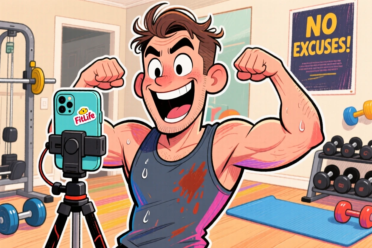 A man recording a workout video in his home gym, phone propped on a tripod.