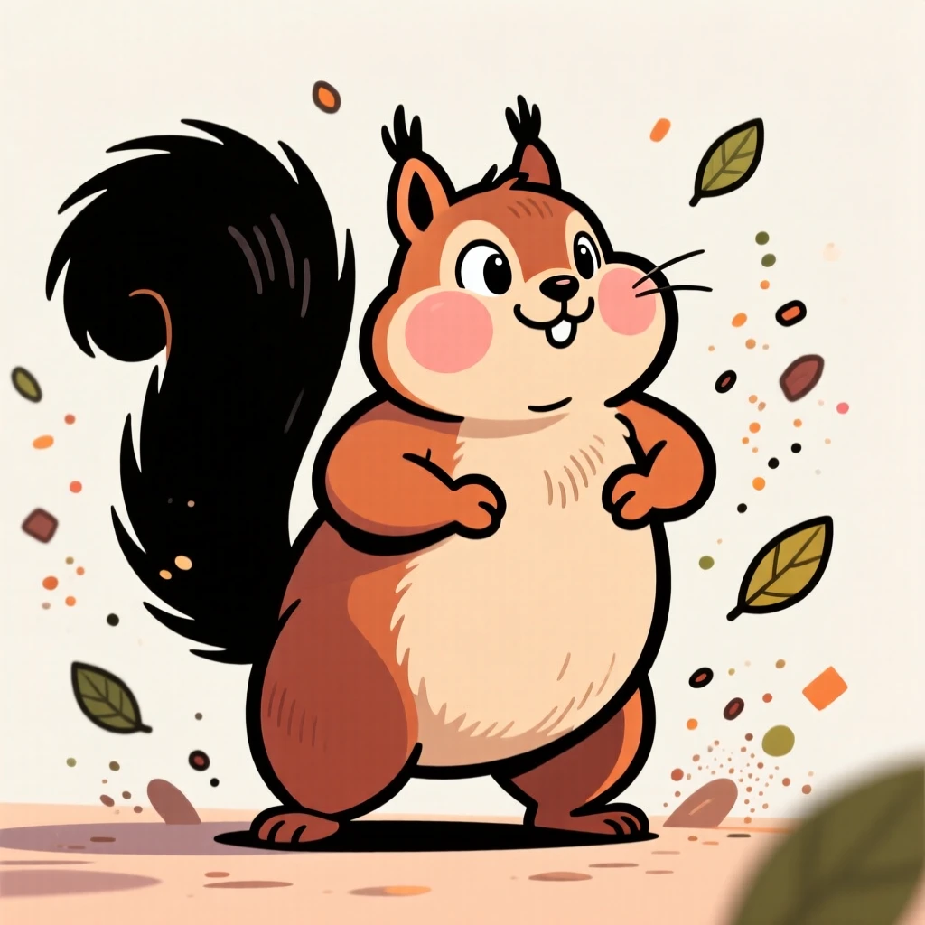 A charming animal moment featuring a chubby squirrel puffing up proudly to look twice its size, as leaves and dust scatter around it.