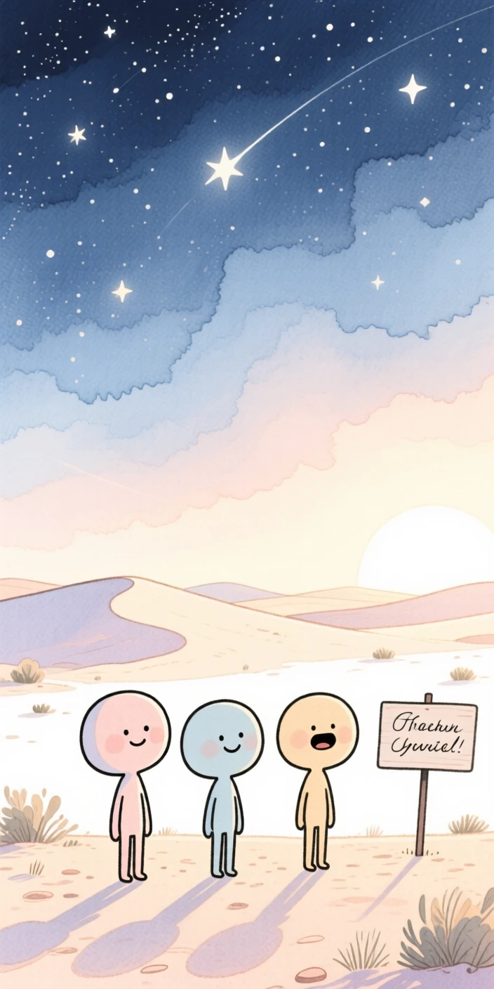 A serene landscape of a starry night sky over a quiet desert landscape in soft morning light