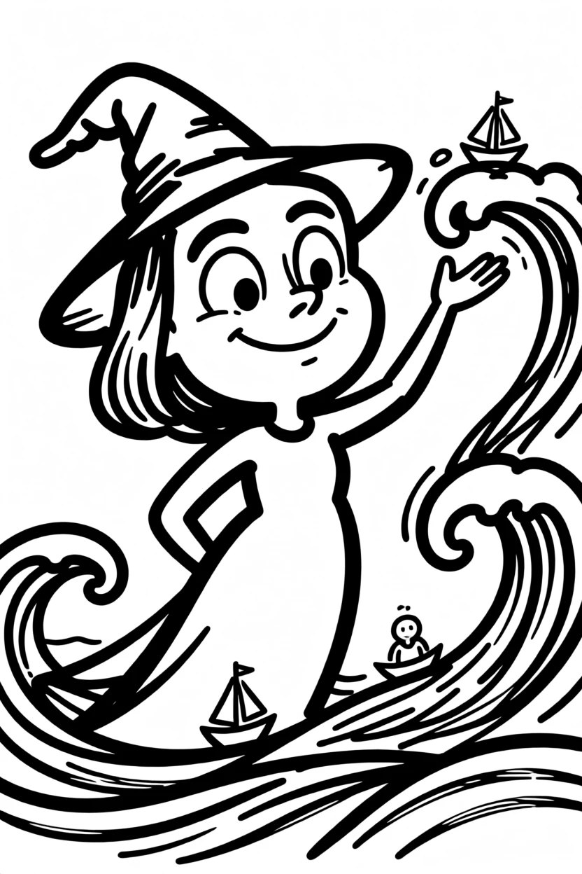 A kind sea witch summoning gentle waves to guide lost sailors safely home.
