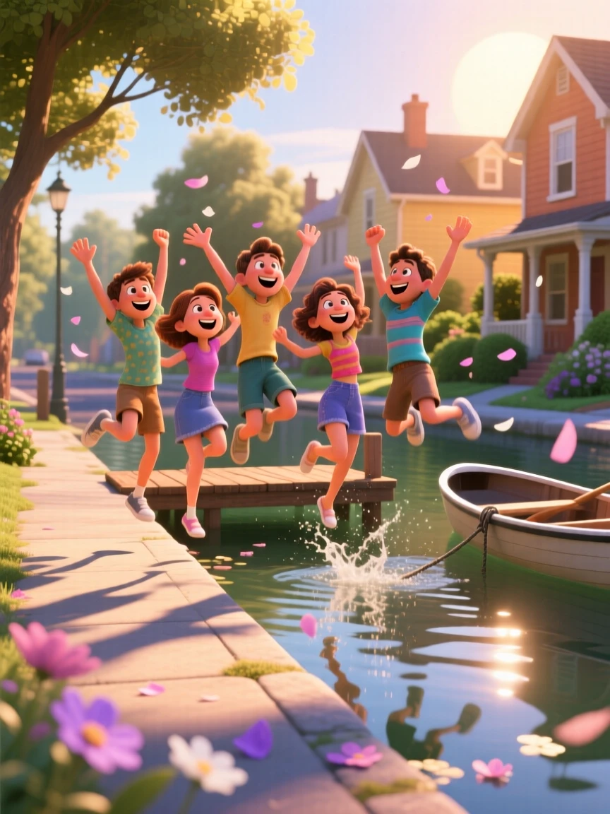 A group of friends jumping joyfully into a lake unfolds on a quiet neighborhood street at golden hour, with flower petals scattered on the breeze. Pure joy and warmth radiate from the scene.