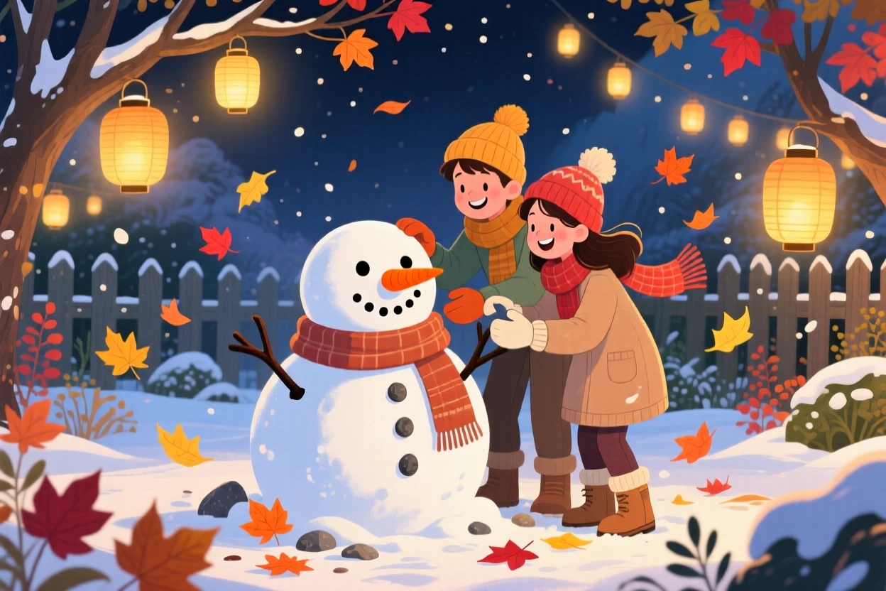 A young couple spend the evening building a snowman complete with a carrot nose in a lantern-strung garden, as colorful leaves swirl through the air.