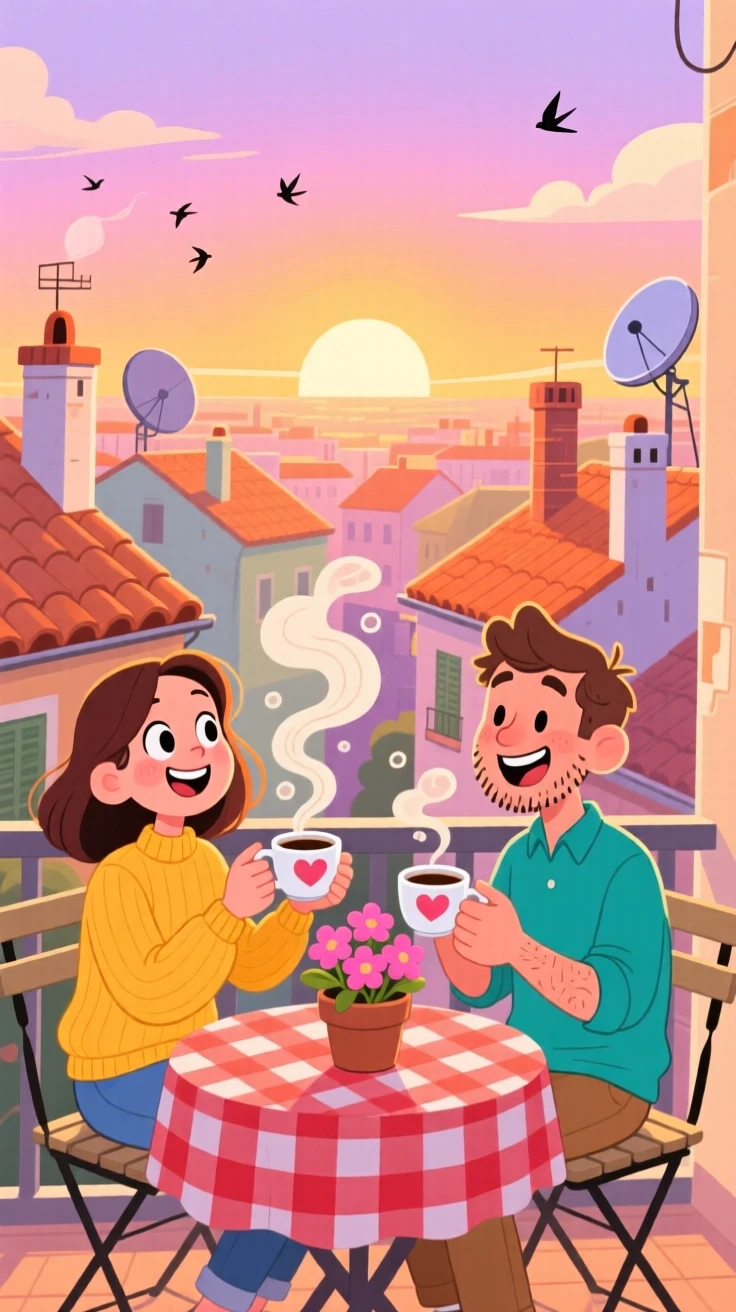 A couple sharing coffee on a balcony overlooking rooftops at sunrise.
