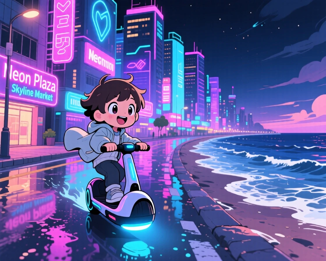 A child riding a hover-scooter through a neon-lit city street in a glowing futuristic cityscape at night on a breezy coastal afternoon; shimmering reflected light off water washes over the scene as eager anticipation fills the moment. Over-the-shoulder view.