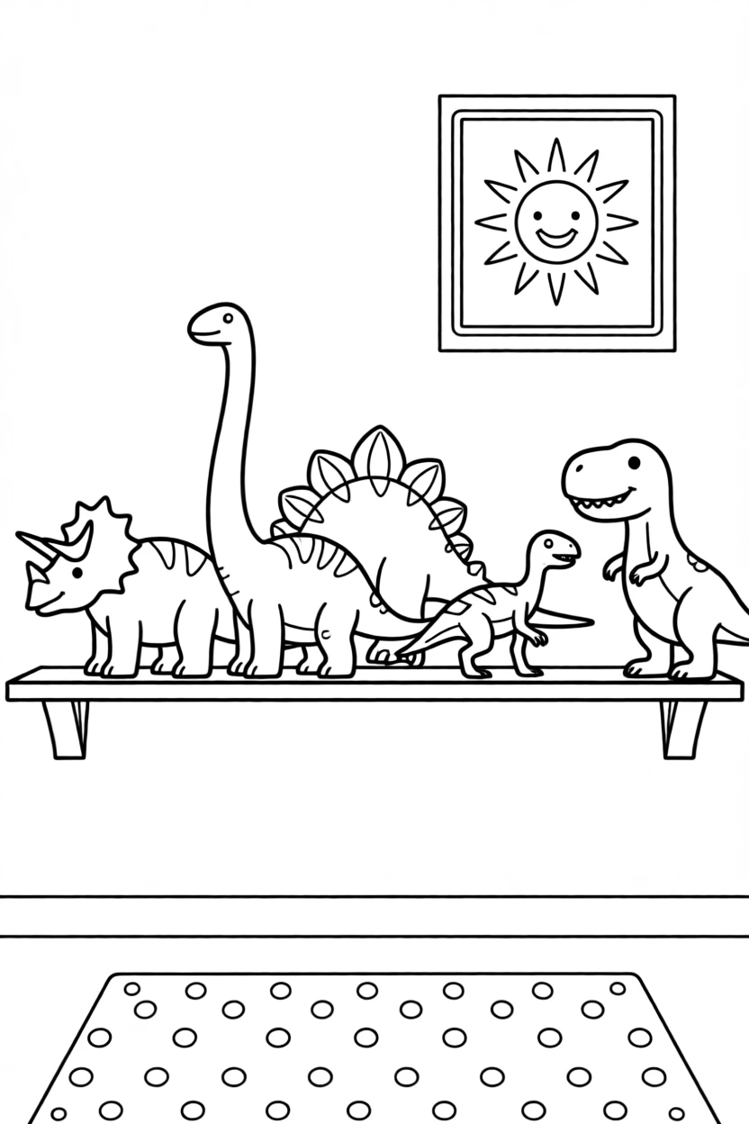 A toy dinosaur collection lined up on a bedroom shelf