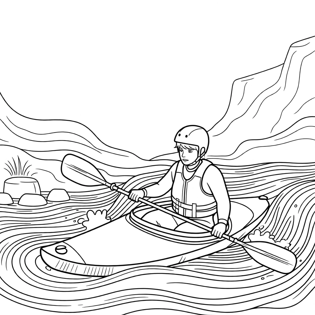 A whitewater kayaker paddling through churning rapids, with mist rolling gently across the ground.