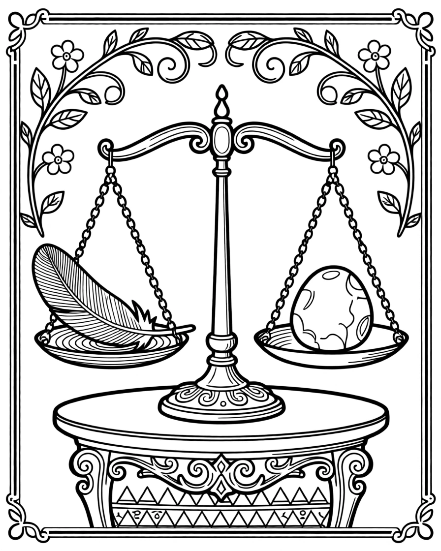 A pair of scales balanced with a feather on one side and a stone on the other.