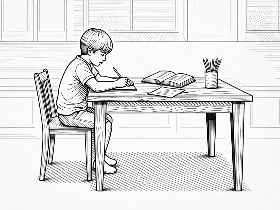 A child doing homework at the kitchen table
