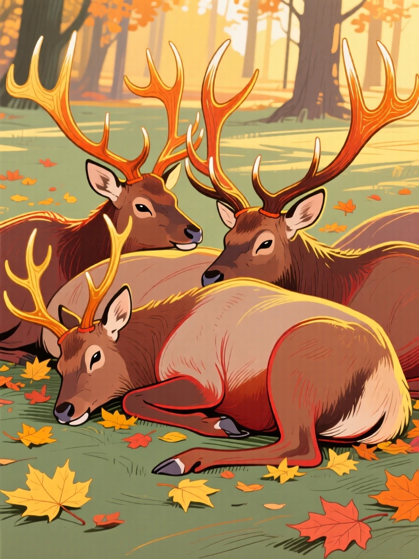 A herd of elk curled up together among autumn leaves during golden hour.