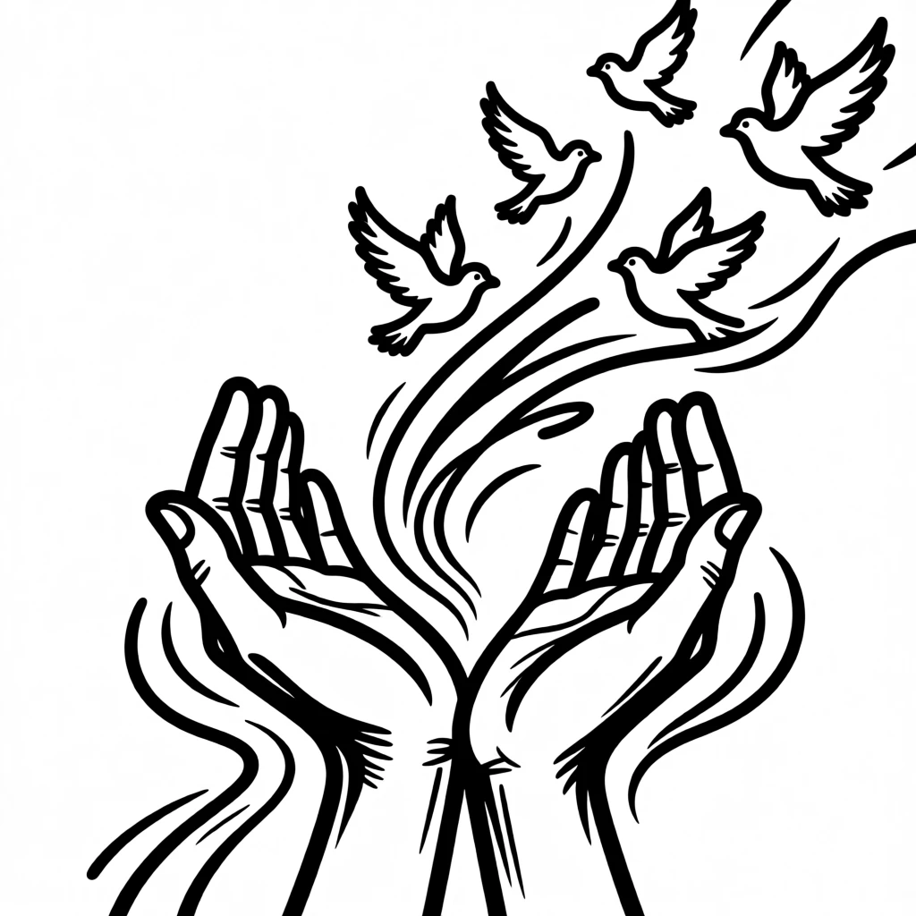 A pair of hands cupped together releasing a flock of doves into the sky.