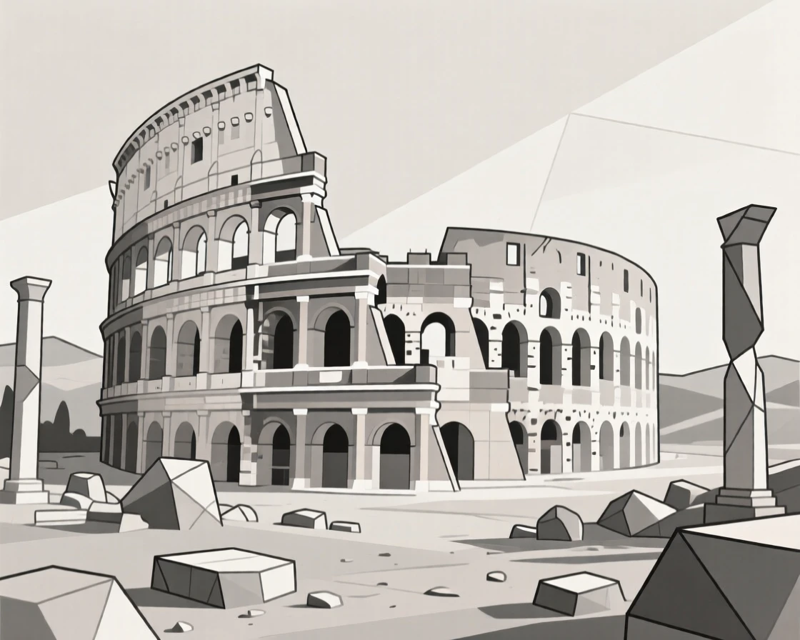 The Colosseum standing amid ancient Roman ruins