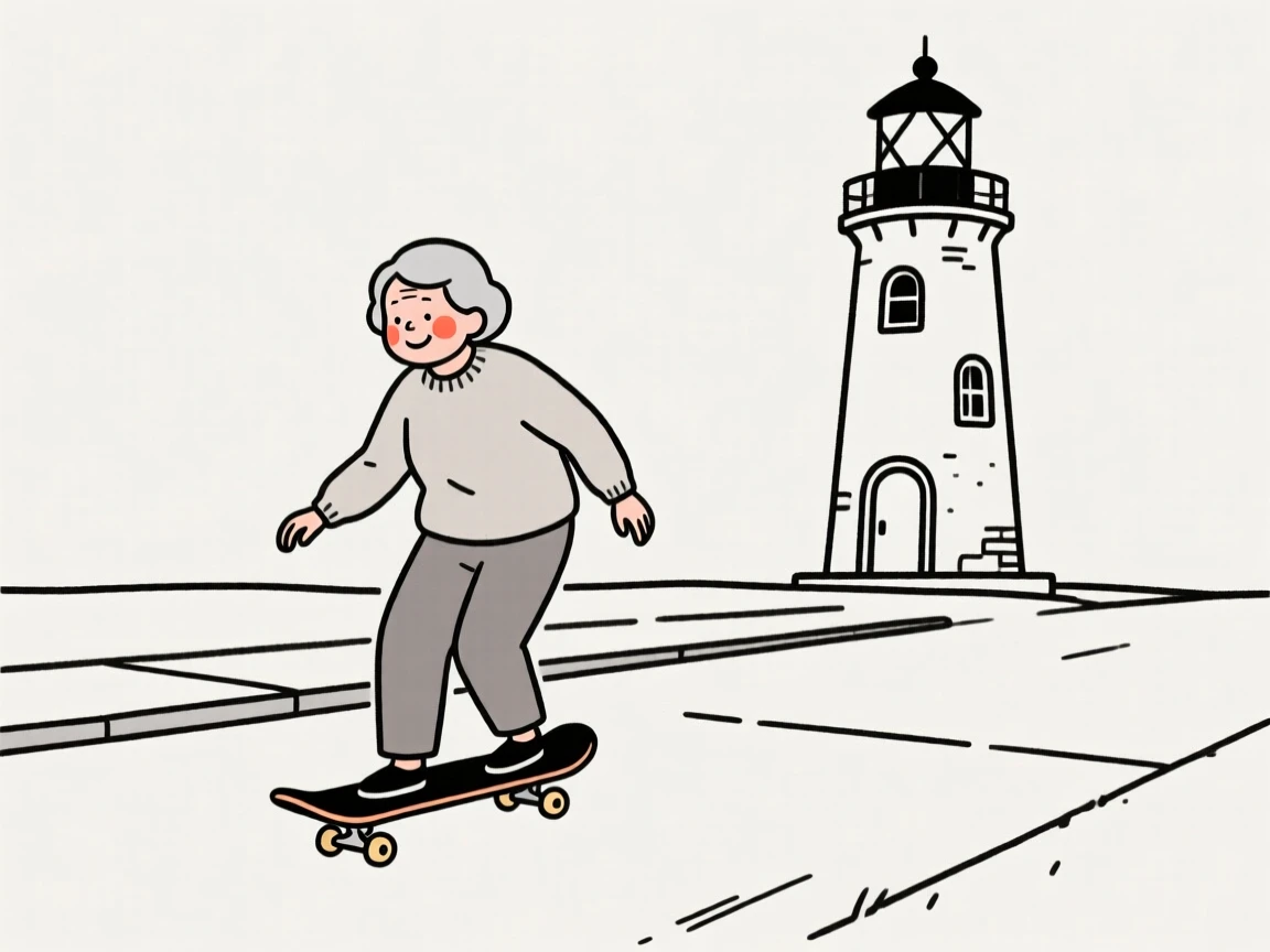 An elderly woman learning to skateboard in a driveway, beside an old lighthouse.