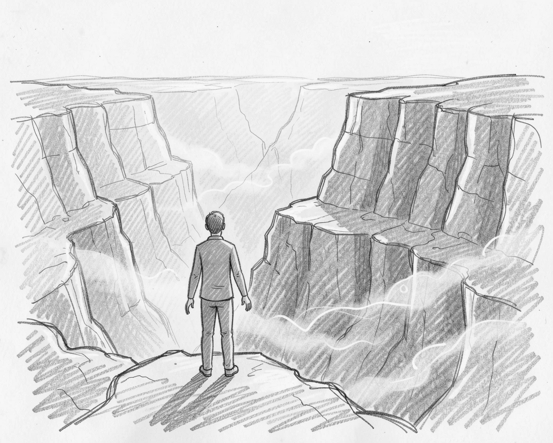 A person standing at the edge of a vast canyon at sunrise, amid gentle morning mist, offering a feeling of quiet gratitude.