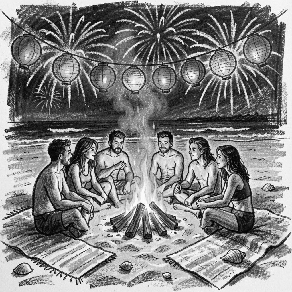 A summer beach bonfire with friends gathered under fireworks, under a canopy of colorful lanterns.