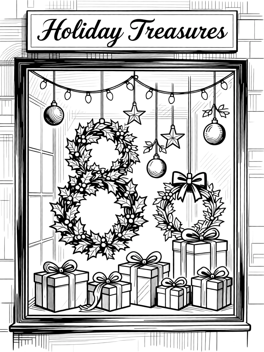 A beautifully lit holiday storefront window filled with festive decorations.