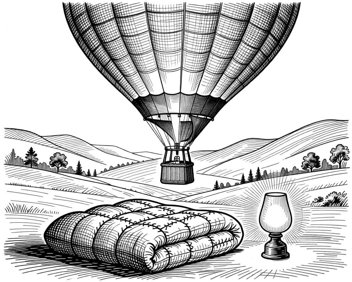 A hot air balloon drifting over a peaceful valley beneath the glow of a single warm lamp, with a folded quilt with hand-stitched patterns, evoking a restfully serene sense of calm.
