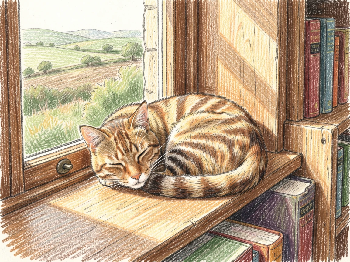 A quiet countryside bookshop cat curled in a sunny window, with a gentle play of light and shadow across the composition, evoking nostalgia and a deep sense of contentment.