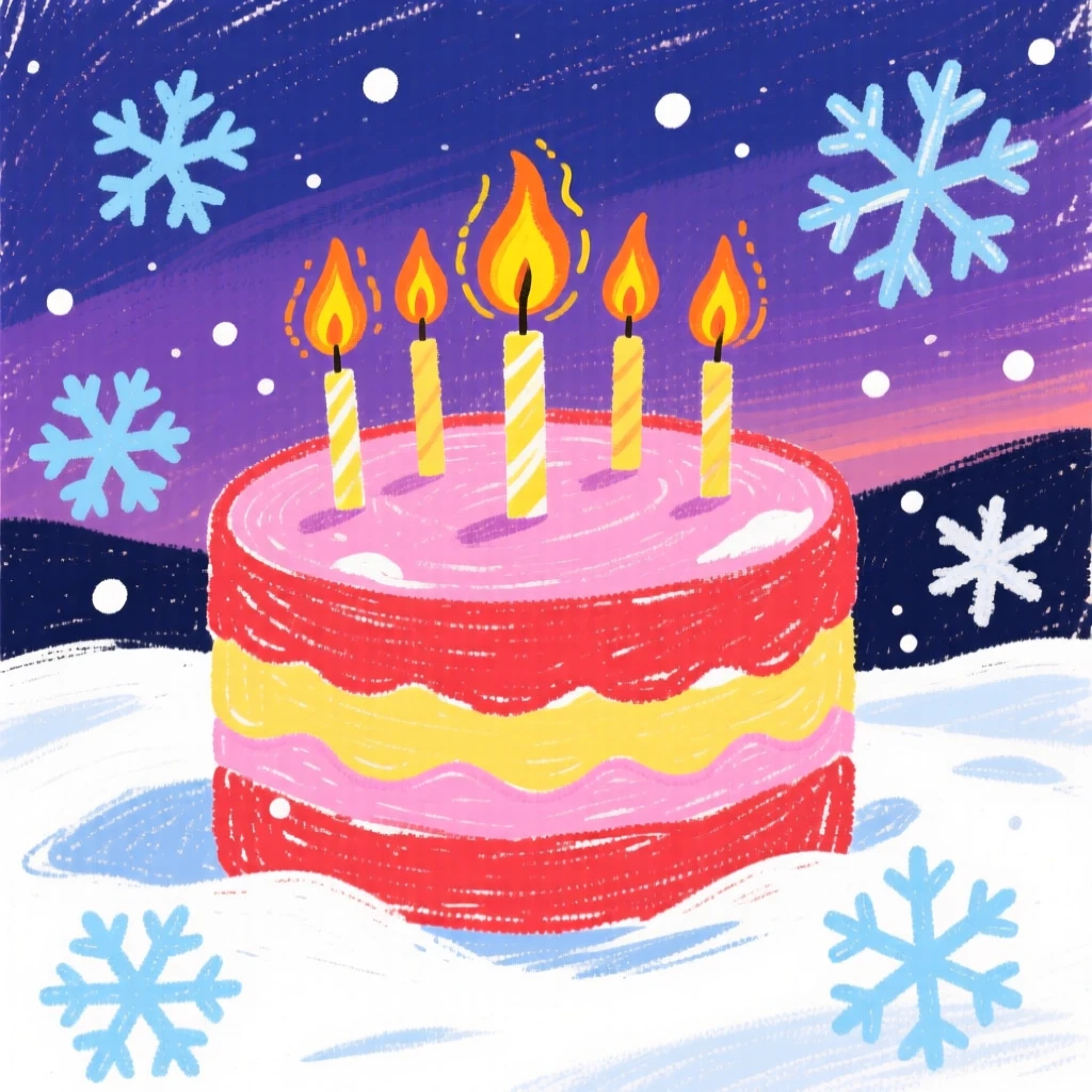 A birthday cake with lit candles surrounded by falling snow at dusk.