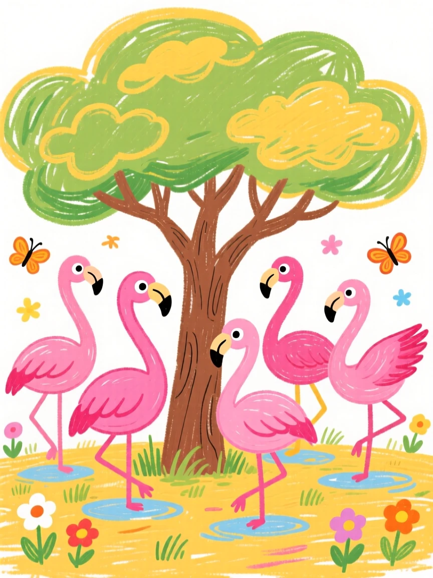 A flamboyance of pink flamingos under a wide acacia tree.