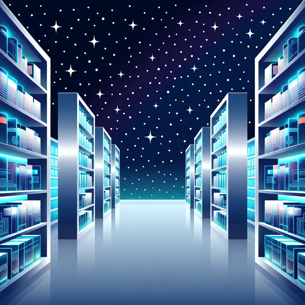 A futuristic library with glowing digital bookshelves, set against a backdrop of starry outer space, arranged with balanced negative space around the subject, with sleek metallic textures catching soft light.
