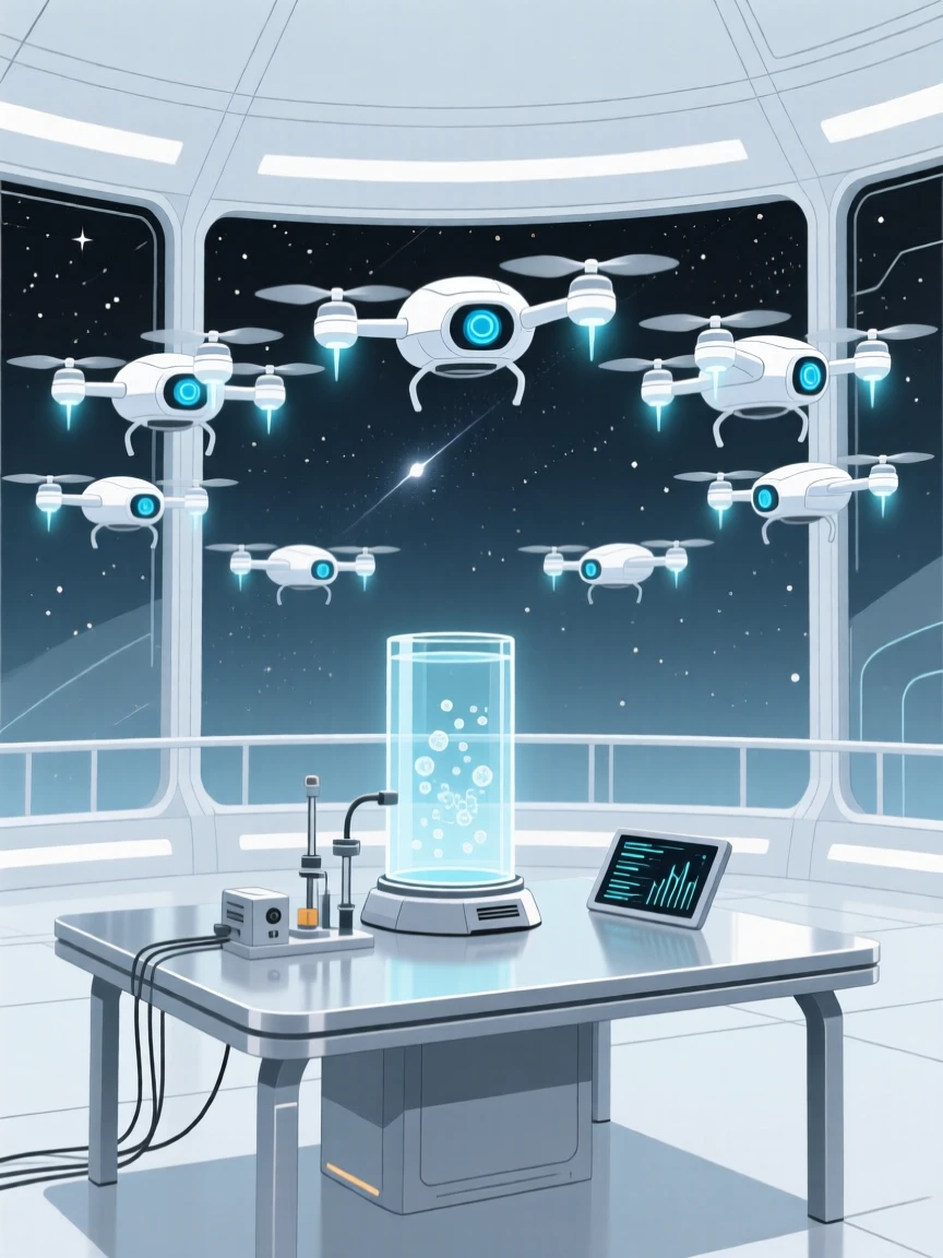 A fleet of drones monitoring an experiment in a space observation deck.