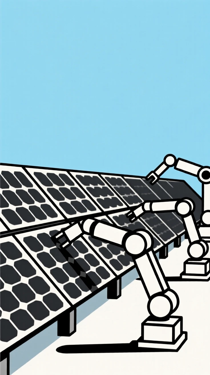 A view of solar panel array under open sky operating within a renewable energy field, near precision robotic components, evoking precise engineering.