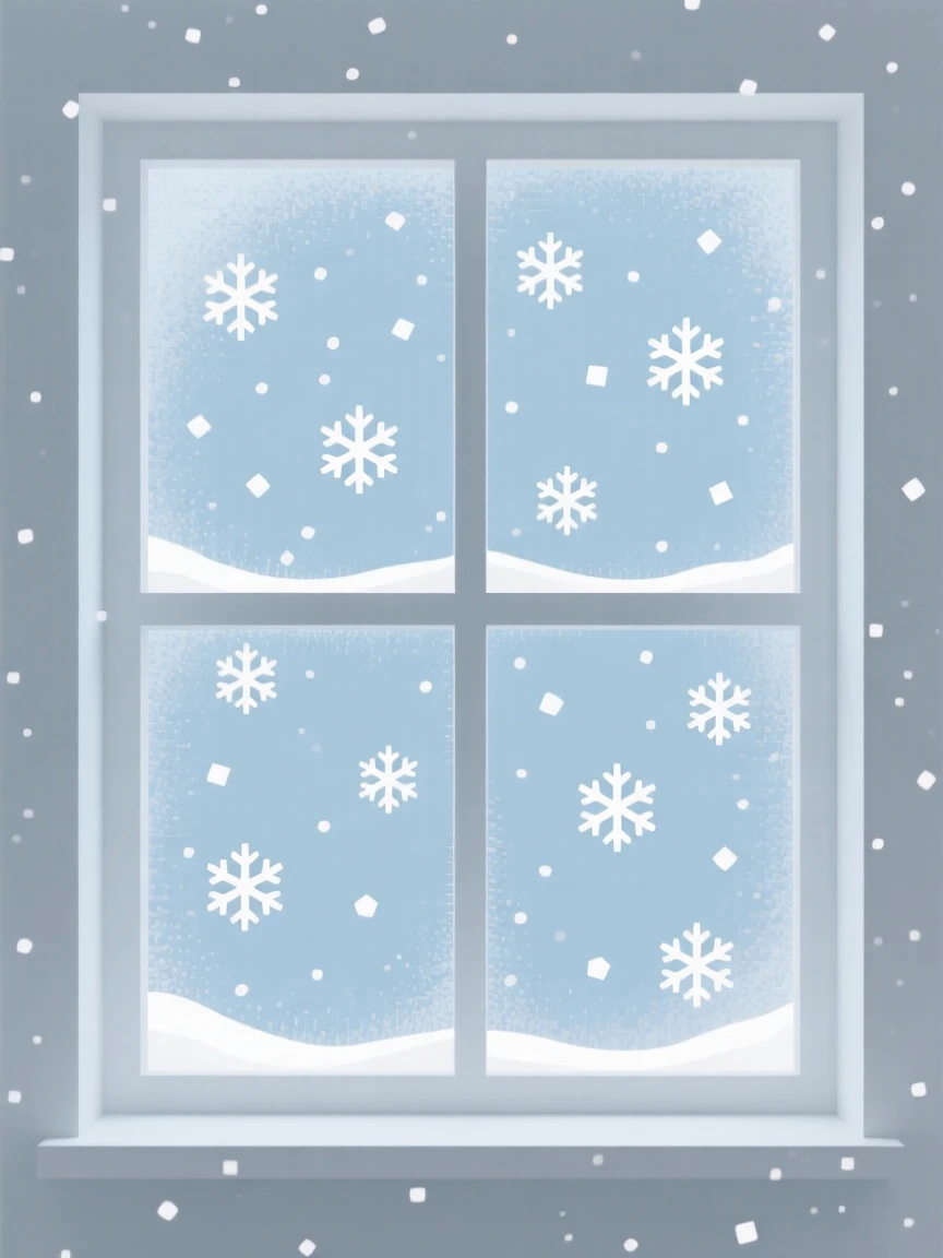 A frosted window with a view of falling snow