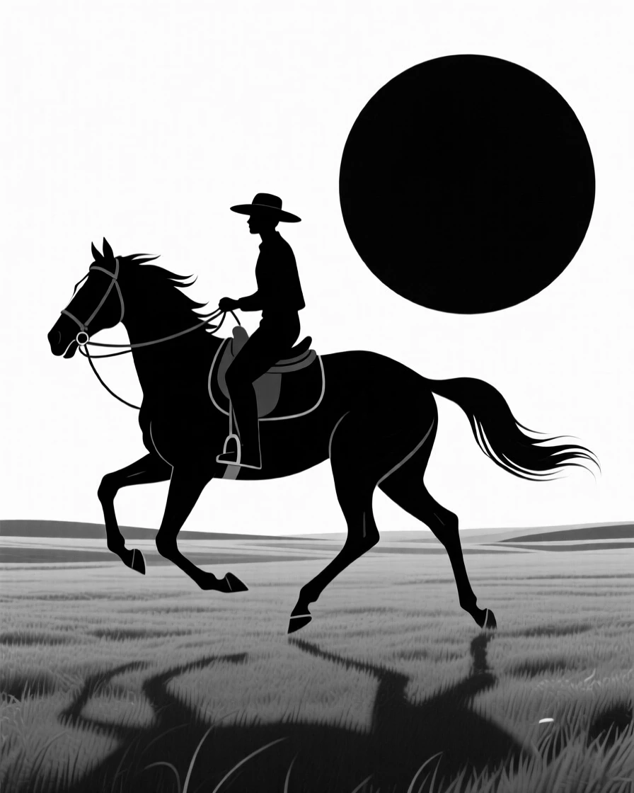 A lone rider galloping across an open plain at sunset.