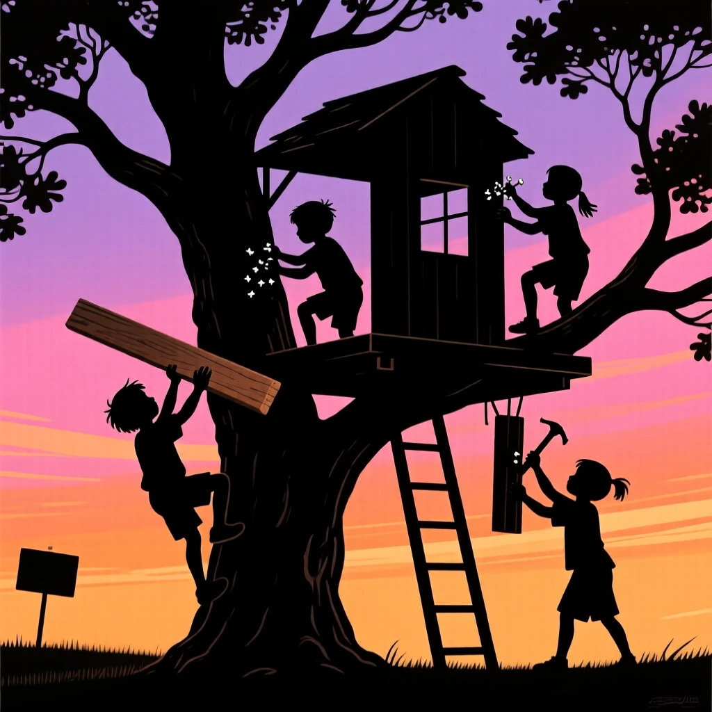 A group of children building a treehouse together in a backyard oak.