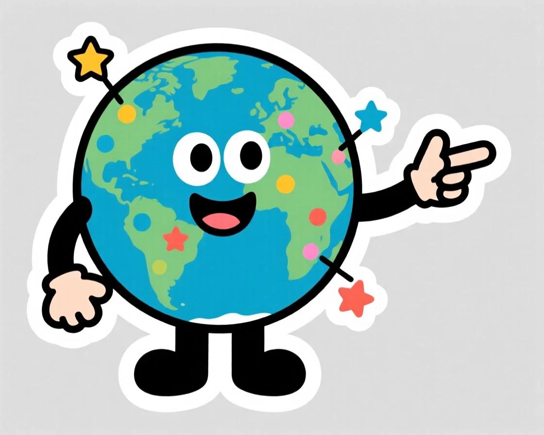 A fun and approachable cartoon globe pointing out different countries, with a big warm smile, made for curious young minds.