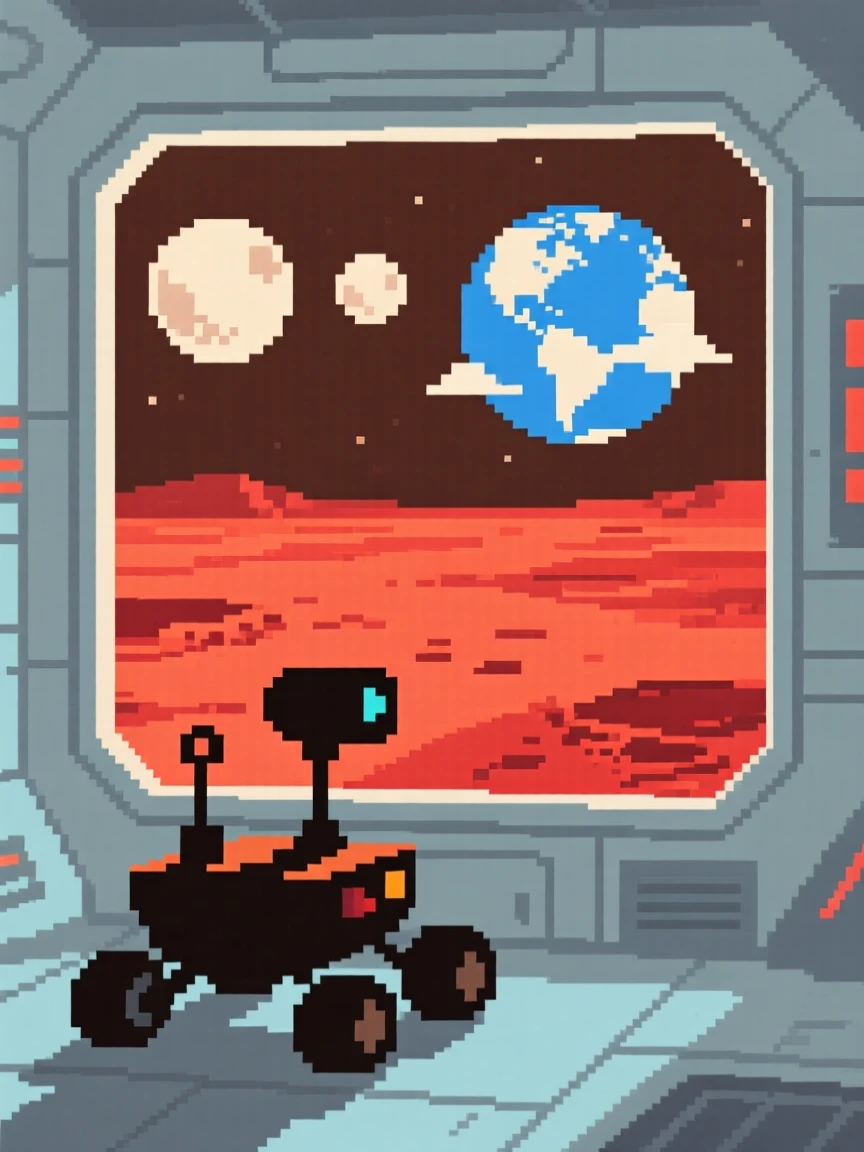 A tiny rover exploring a red planet watching two moons rise over the horizon, inside a space station overlooking Earth.