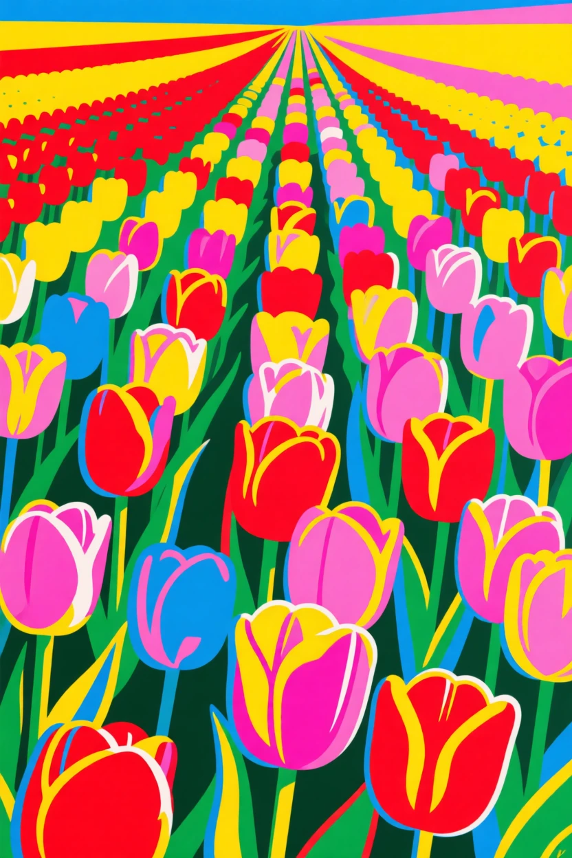 Tulip field in rows of vibrant color