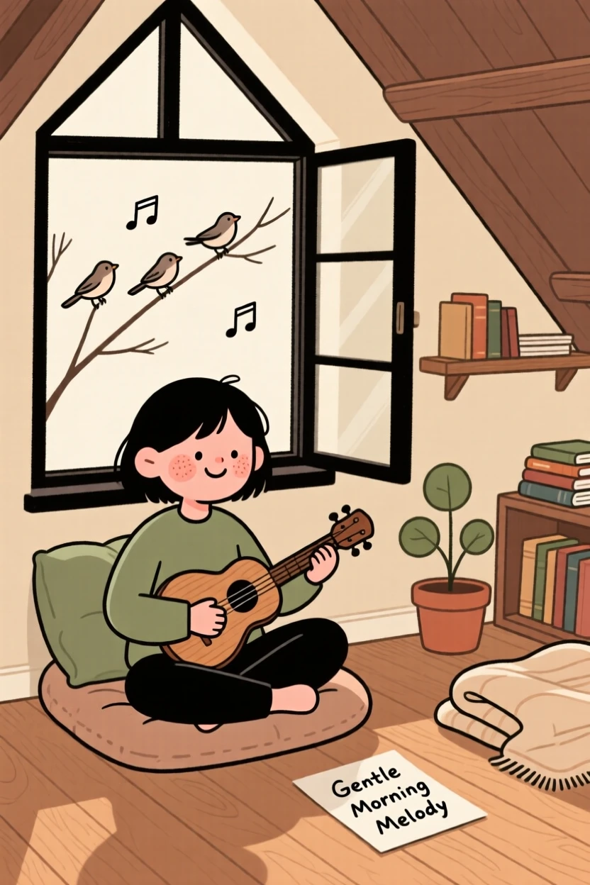 A quiet reader sits in a quiet attic studio practicing a gentle melody, fully absorbed as birdsong drifts through the open window.