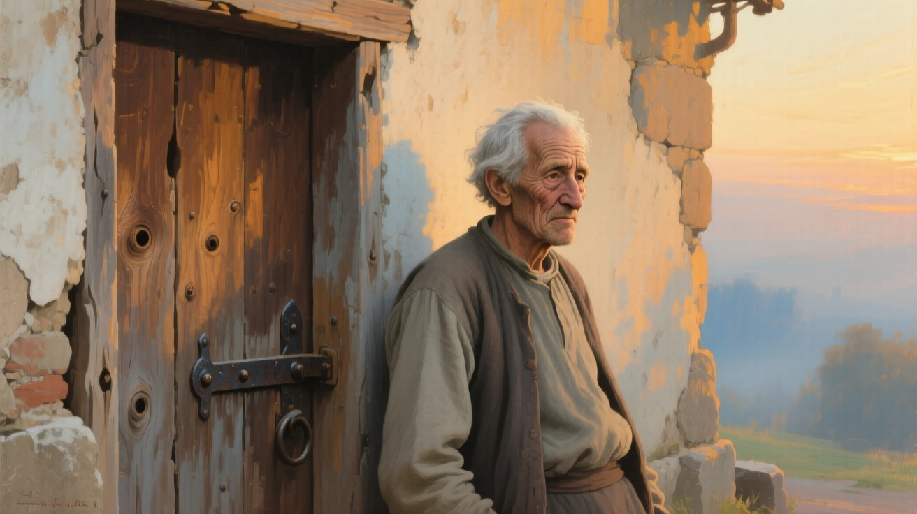 A medium shot of an elderly gentleman beside a rustic wooden door, marked by weary resilience, just after sunrise.