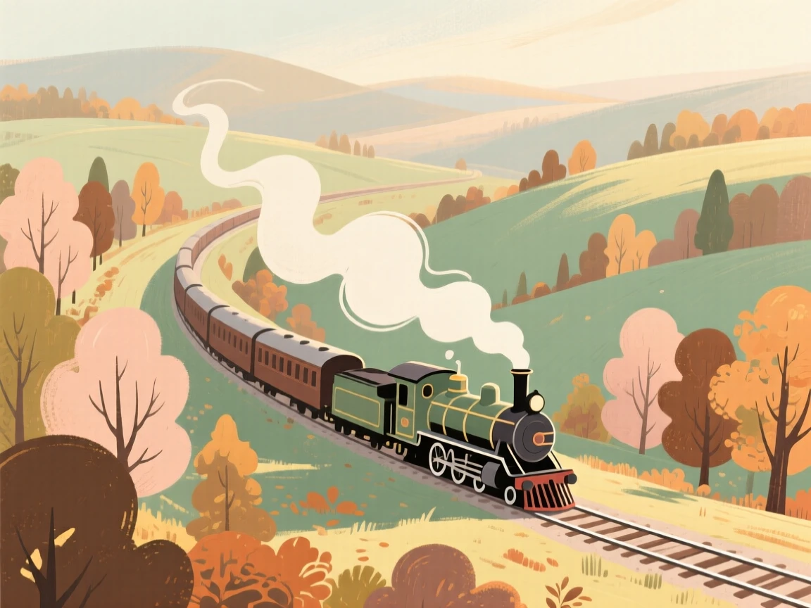 A steam train winding through a valley of autumn foliage