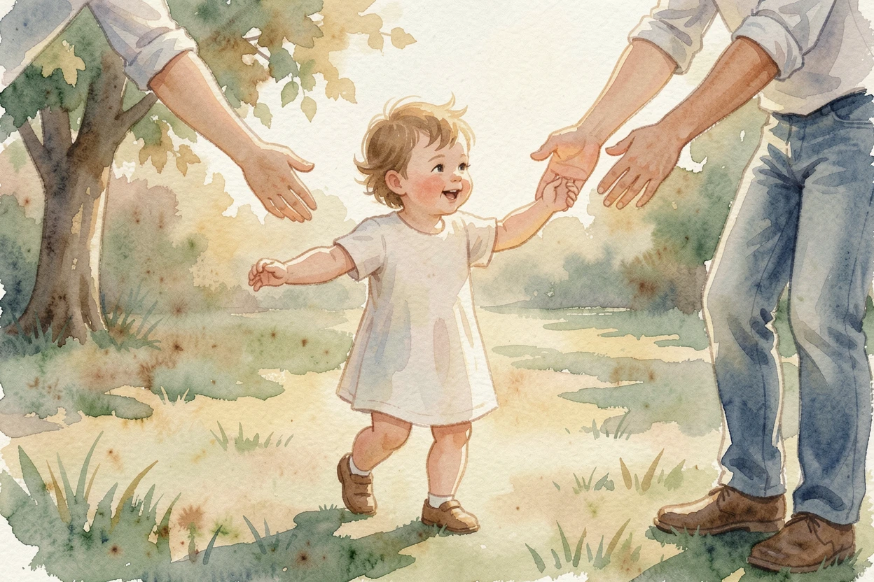 A toddler taking first steps toward outstretched arms on a warm sunny afternoon.