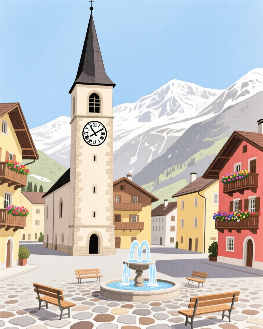 A picturesque view of a Swiss alpine village with a bell tower overlooking the town square, beneath a clear blue sky
