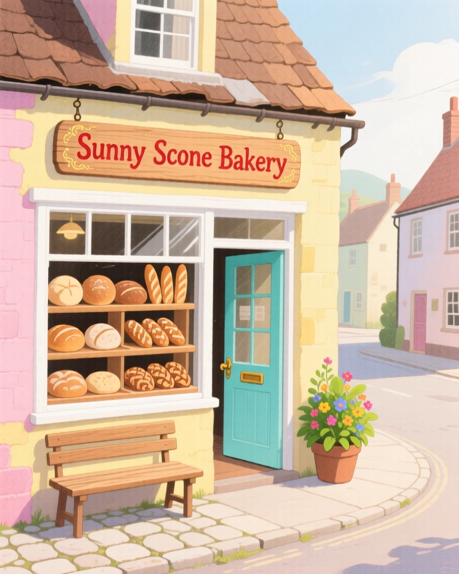 A small village bakery with bread in the window, warm and inviting on a quiet afternoon.