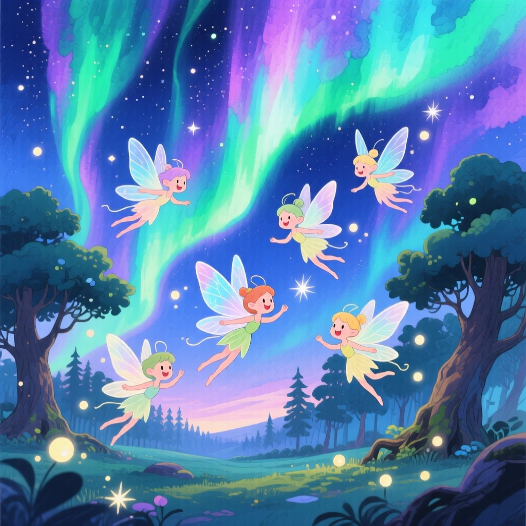A playful group of fairies flying through a sky painted with the northern lights, in an enchanted forest at twilight, filled with a sense of peaceful mysticism.
