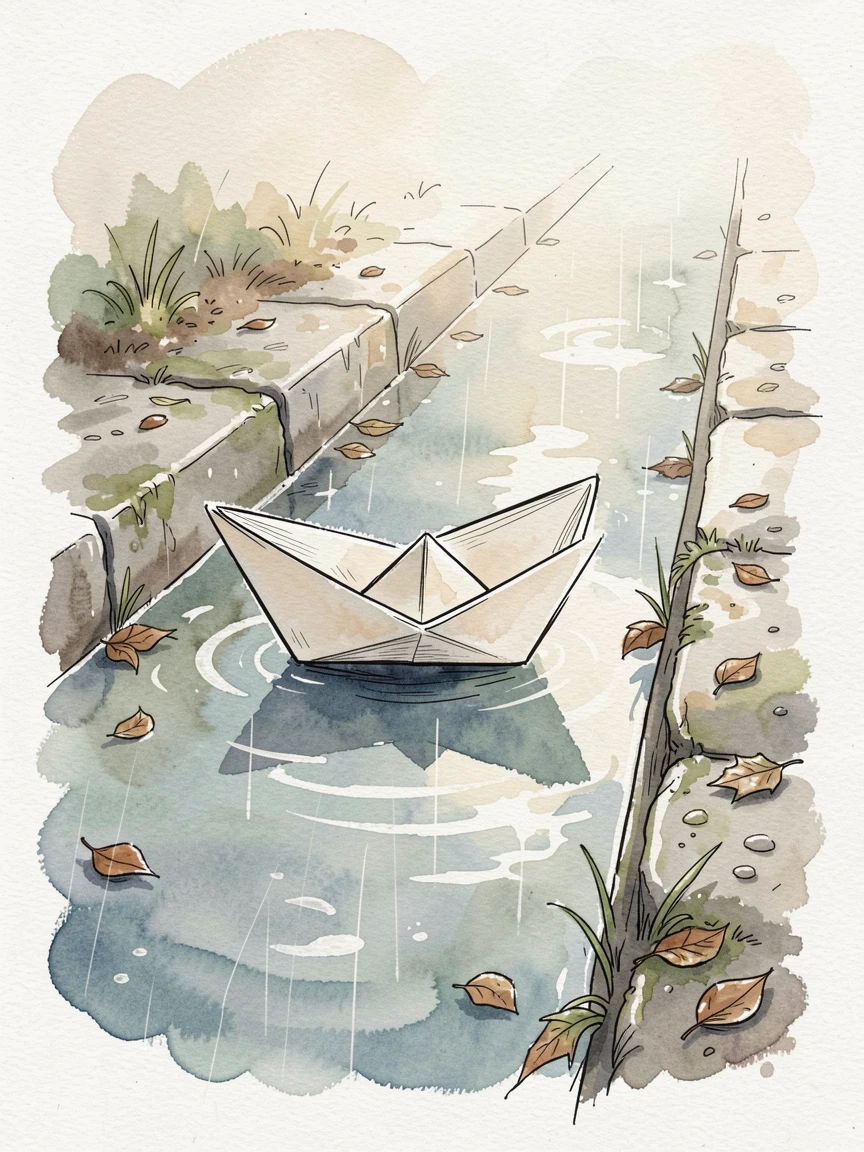 A paper boat floating down a rain-swollen gutter toward open water, soft light breaking through to suggest new beginnings.