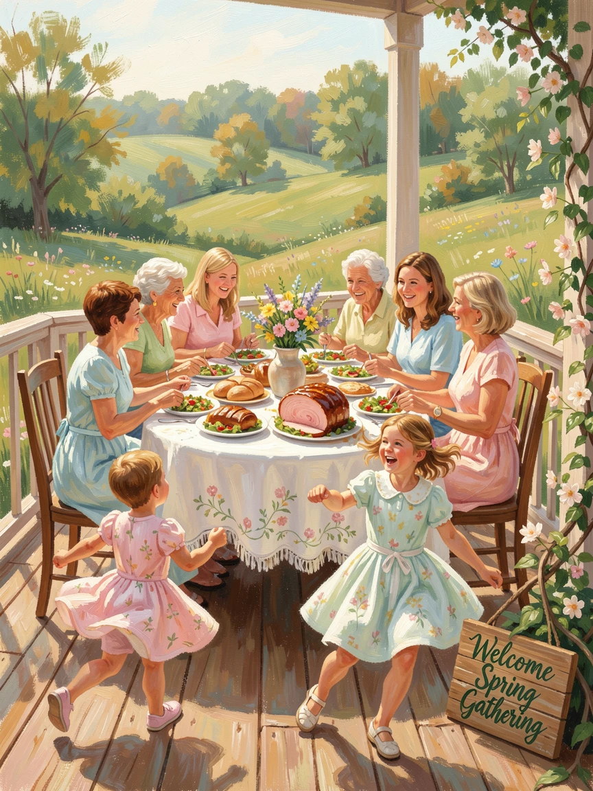 On a bright, cheerful spring morning, a family gathered around a table for a holiday meal, on a porch overlooking rolling countryside, children running ahead, full of energy.