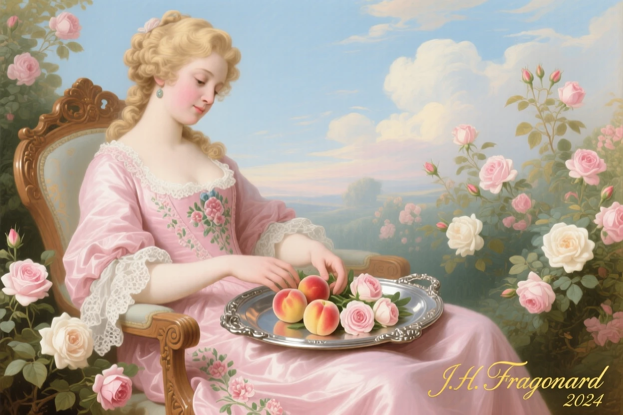 A lady arranging peaches and roses on a silver tray  