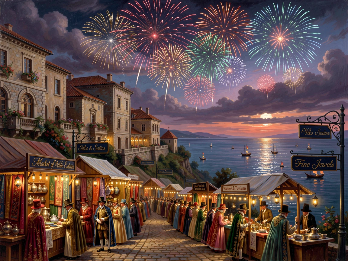 A procession of nobles sets up stalls in a hilltop city overlooking the sea beneath a sky full of fireworks.