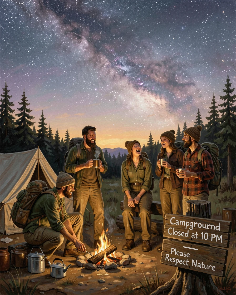 A group of friends camping beneath a sky ablaze with the Milky Way, as the golden light of dawn or dusk sets the perfect adventurous mood, designed to transport the viewer straight into the journey
