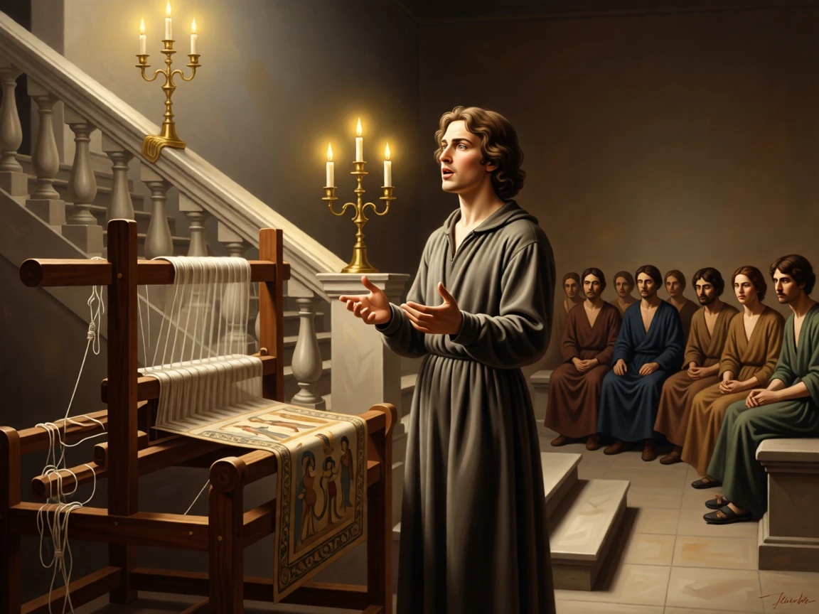 A young poet reciting verses to an enraptured garden gathering at the exact moment magic and reality intertwine, set beside a grand staircase lit by flickering candelabra, with an old wooden loom, tangled threads, and a half-finished tapestry; foreground props hint at the tale without overwhelming the central figure, suggesting the enduring power of myth and memory.