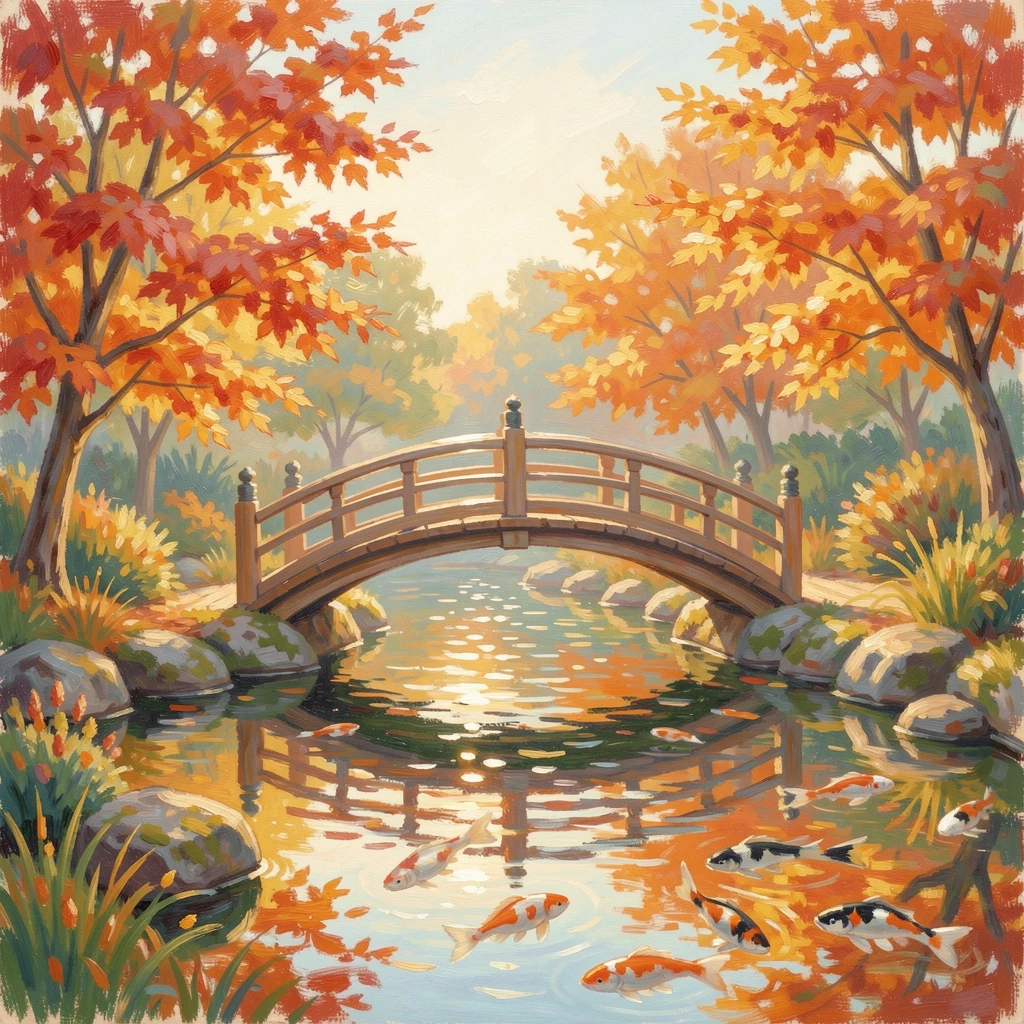 A tranquil Japanese garden with a curved wooden bridge over a koi pond, maple trees ablaze in autumn color, inspiring awe at the beauty of the scene.