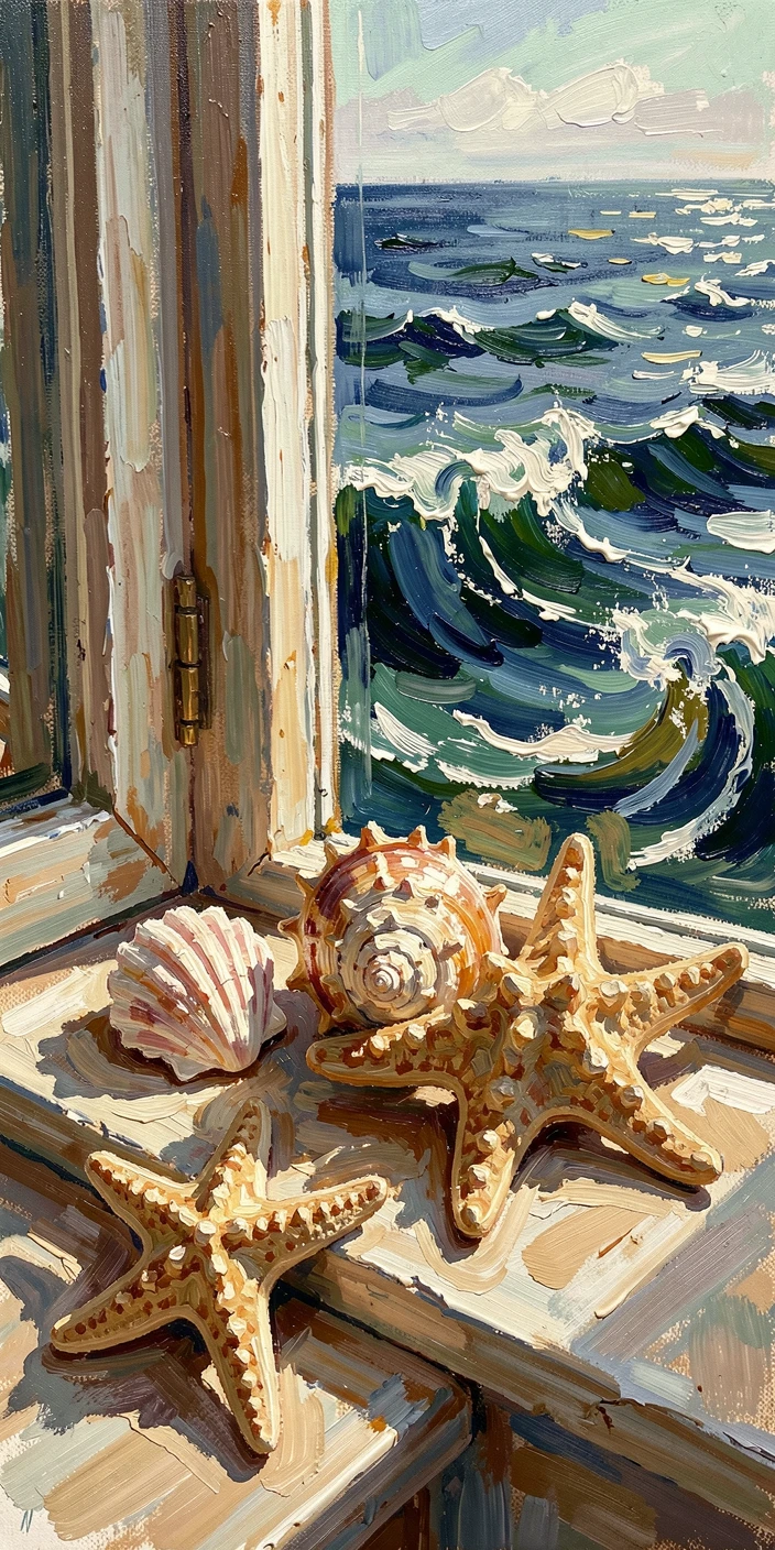 A collection of seashells and starfish arranged on a windowsill overlooking the ocean.
